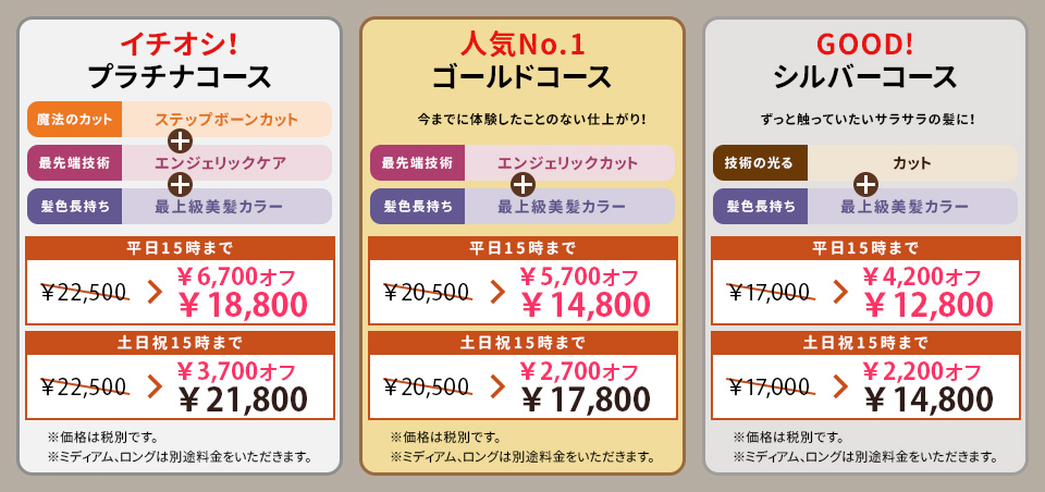 プラチナコース、ゴールドコース、シルバーコースの説明