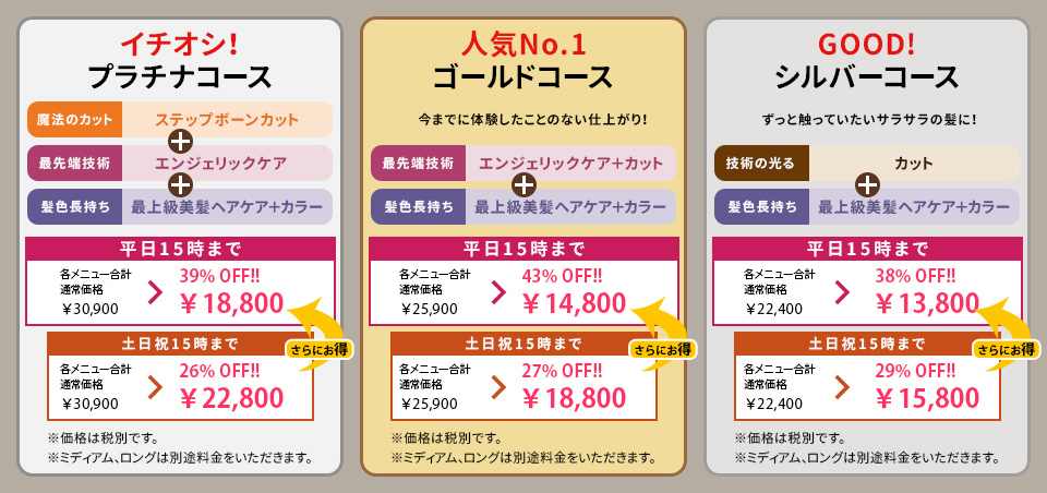 プラチナコース、ゴールドコース、シルバーコースの説明